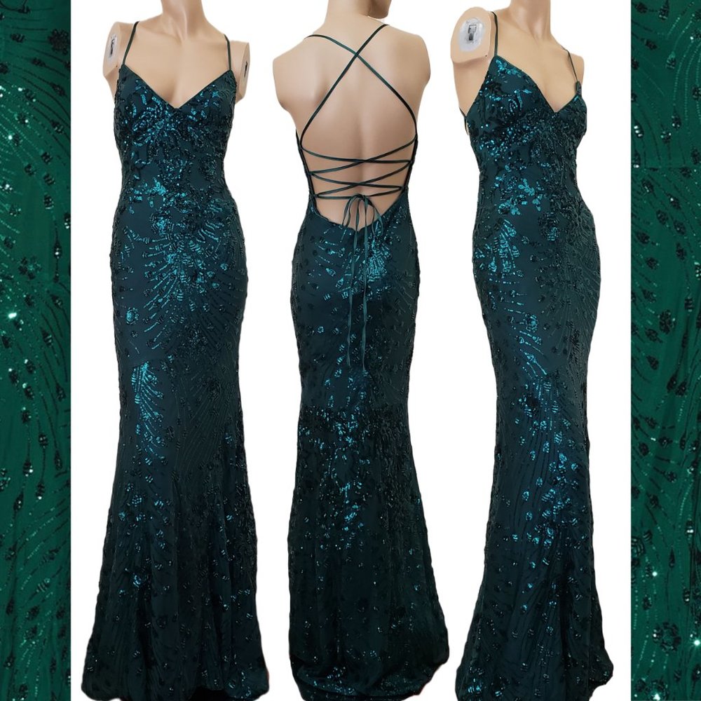 COPY - Lulus Photo Finish Forest Green Sequin Lace-Up Maxi Dress SZ S